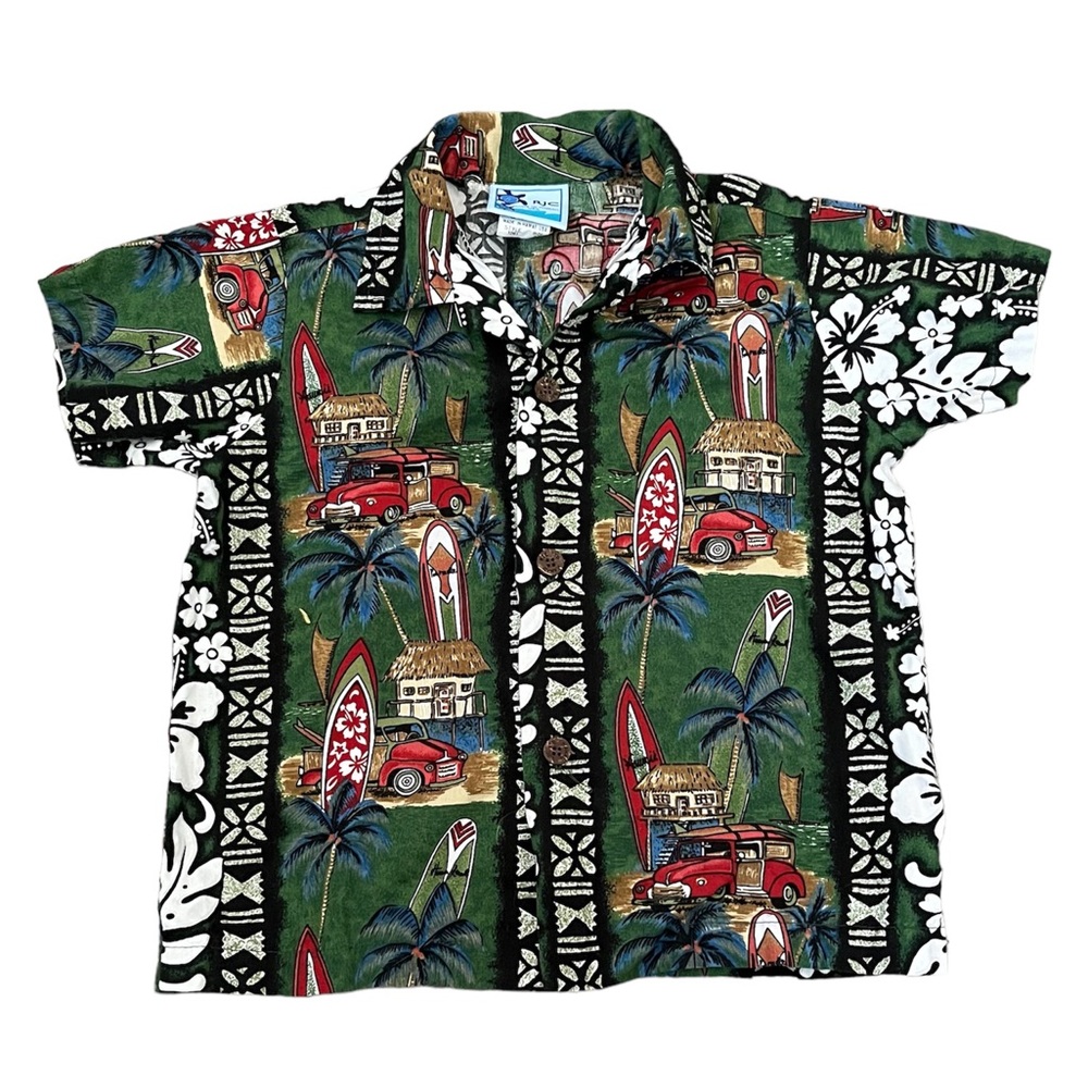 Kids Hawaiian Aloha Shirt surf boards Woodies hibiscus green red size 4T